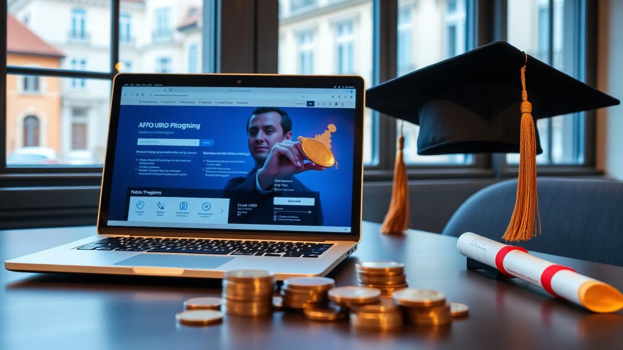 Laptop showing affordable MBA program with European architecture in background