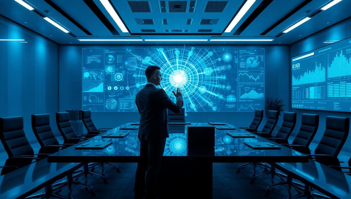 Executive interacting with AI data dashboards in a futuristic boardroom