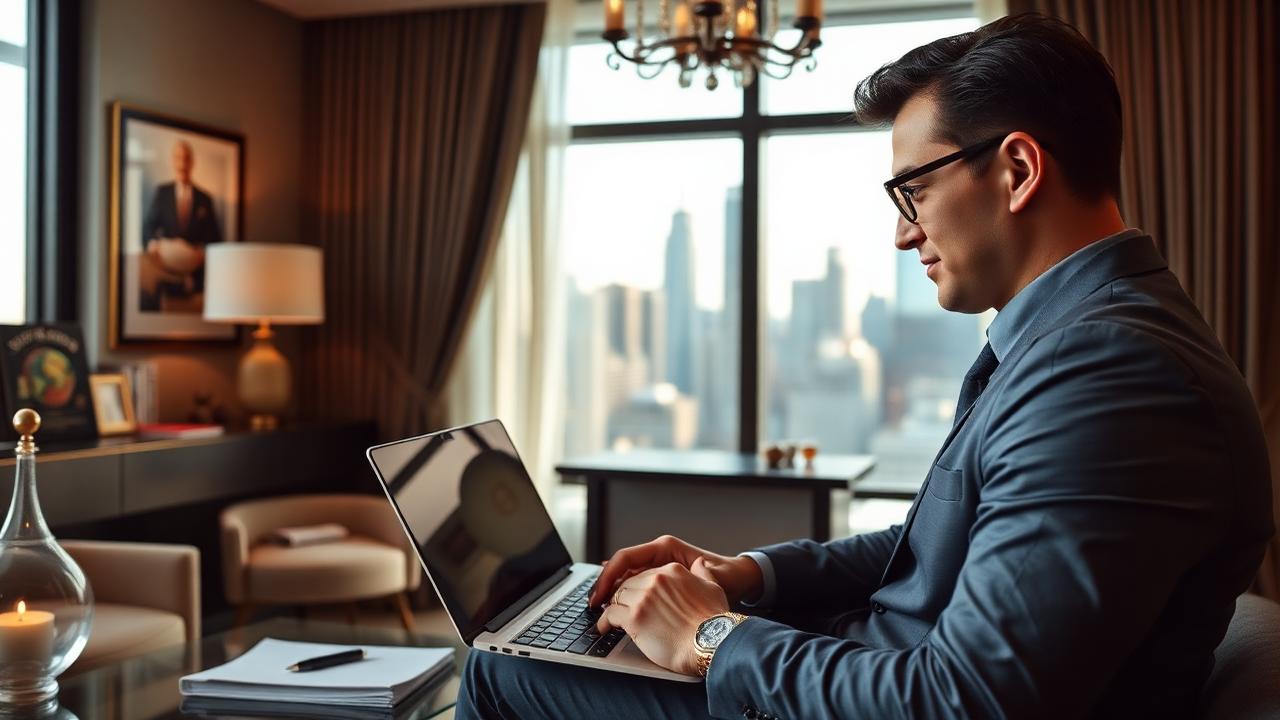 Executive studying online MBA on laptop in elegant home office