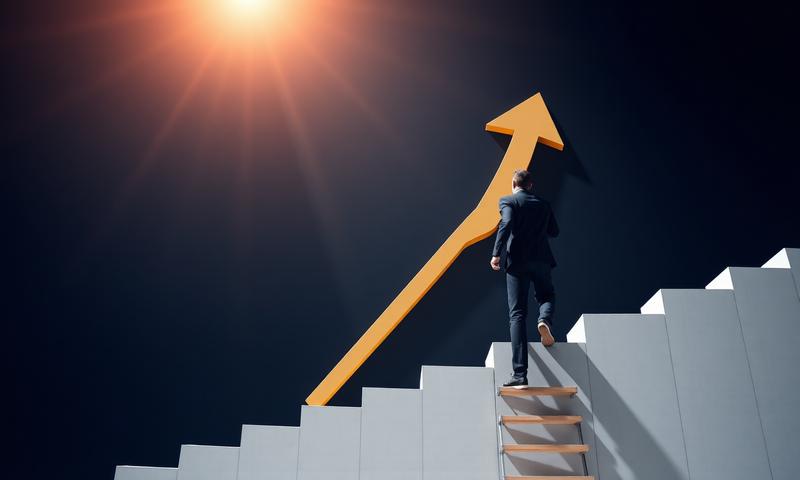 Business professional climbing career ladder symbolizing fast-track growth