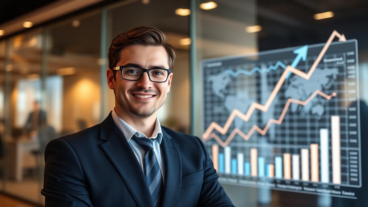 Business professional with career growth charts in modern office