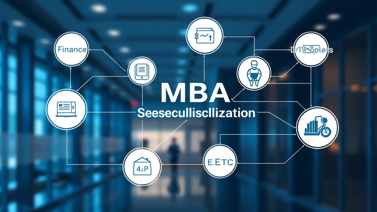 MBA specialization pathways with icons for finance, technology, marketing and entrepreneurship