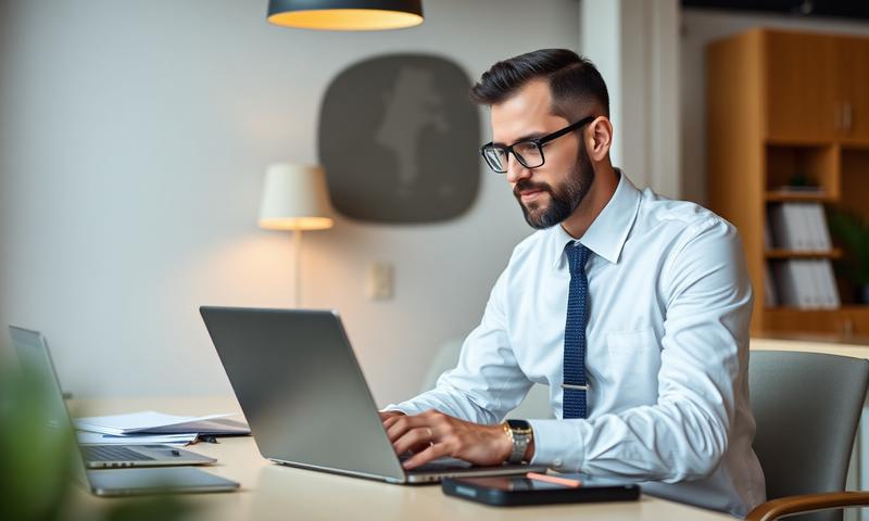 Professional studying online MBA on laptop in modern workspace