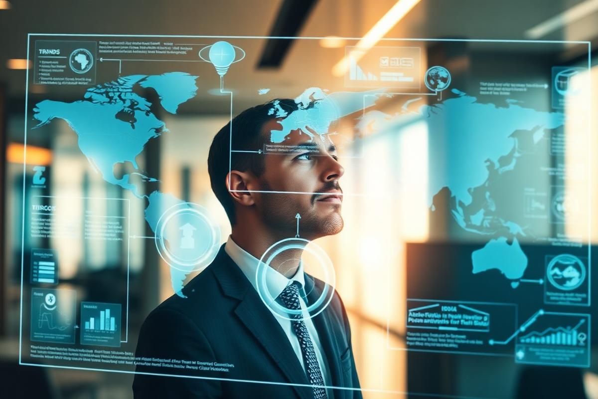Business leader analysing future trends on a holographic strategic foresight display