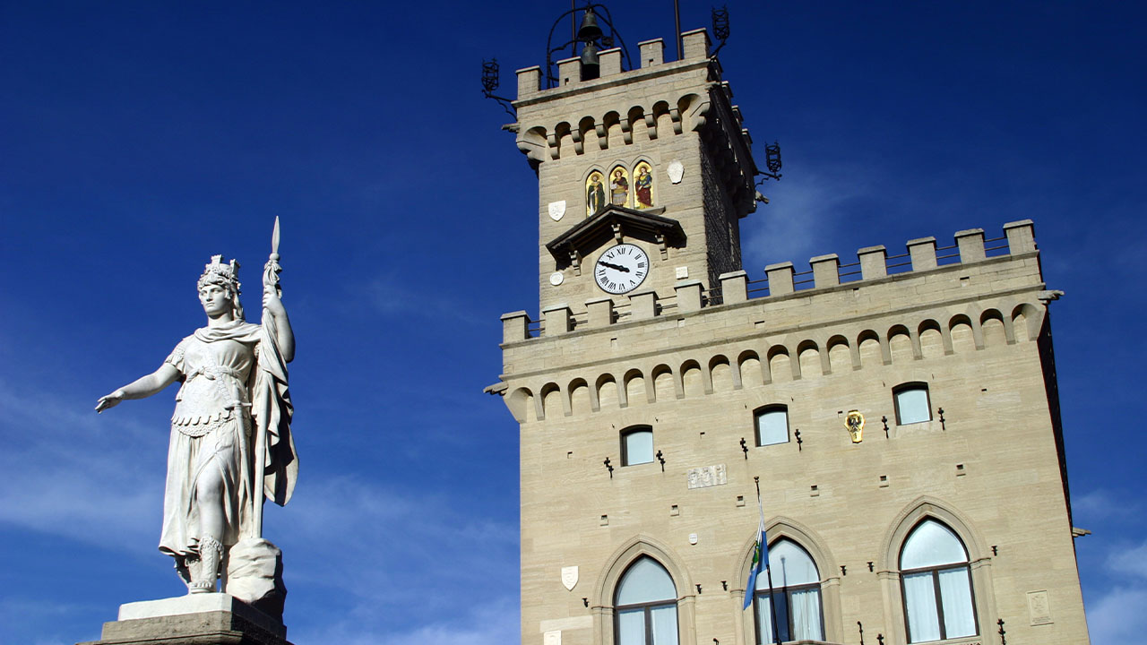 San Marino Town Hall with the Statue of Liberty and historic clock tower