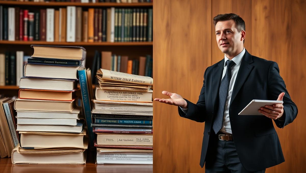 Academic research books alongside a business executive presenting strategy