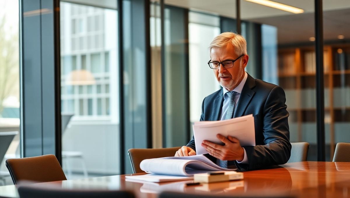 Senior executive reviewing strategic documents in a modern boardroom